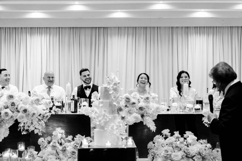 smiling and shocked bride black and white
