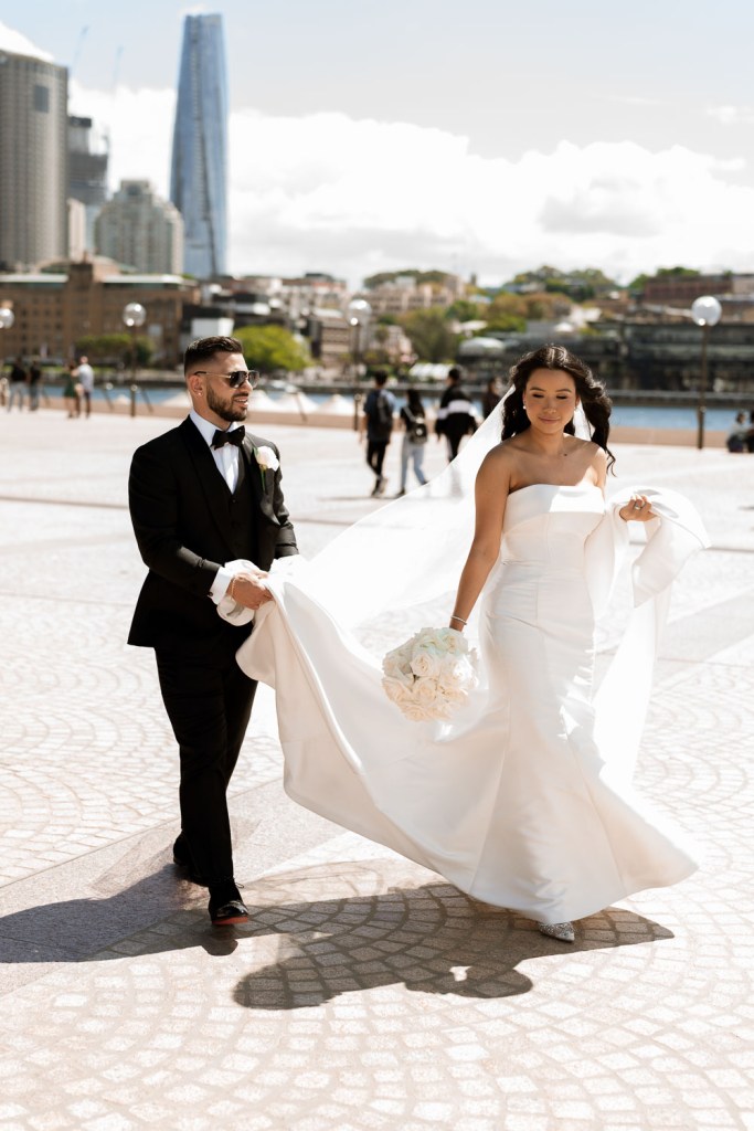 bride and groom waking