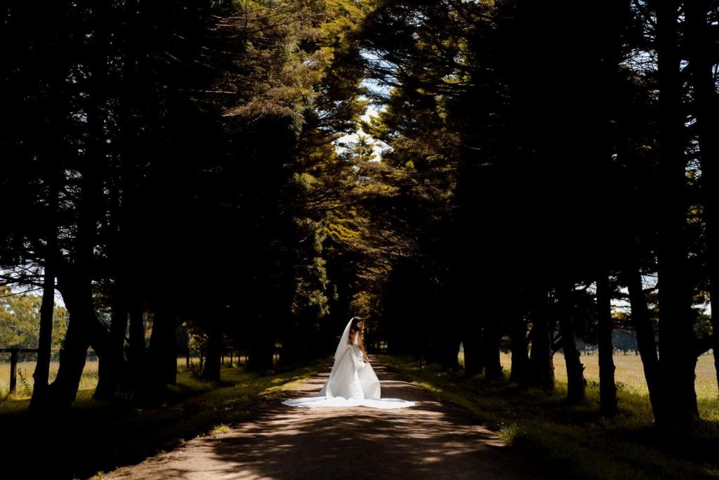 Bride in Yulia McCauley Wedding Dress between trees