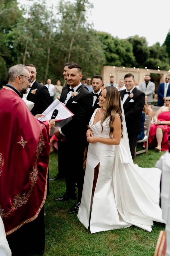 Bride and groom smiling