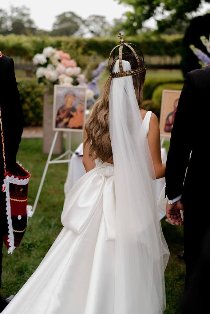 Back of brides dress with crown