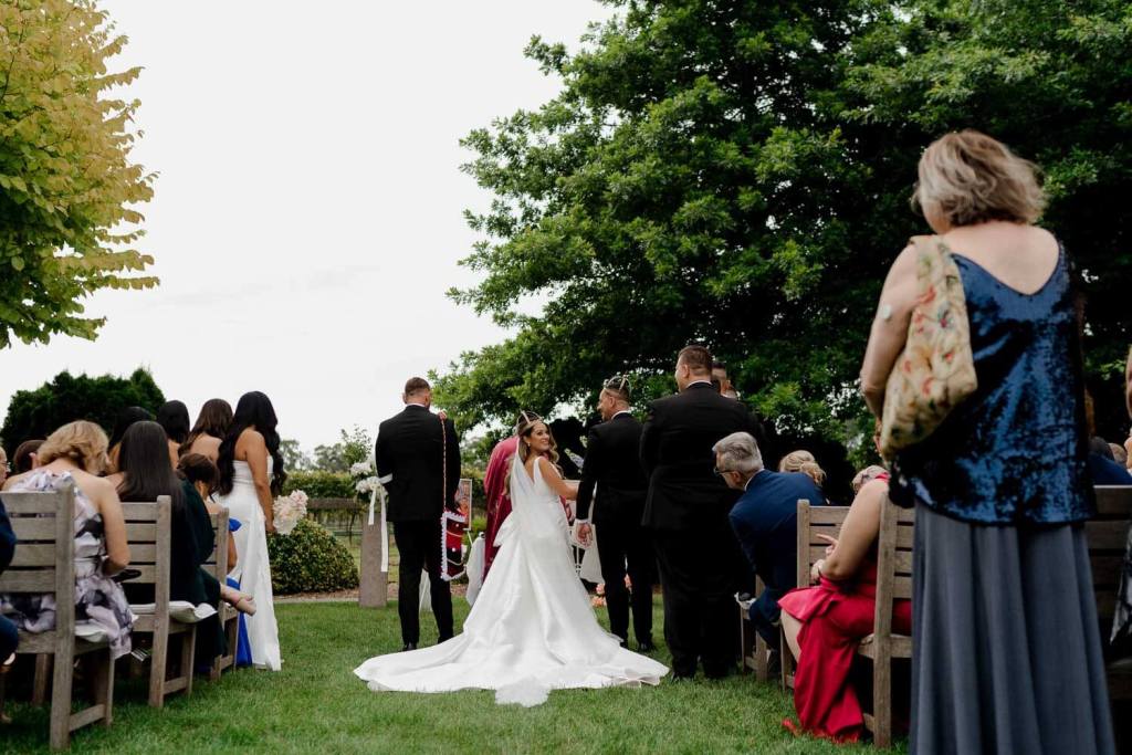 Wide angle of bride and groom