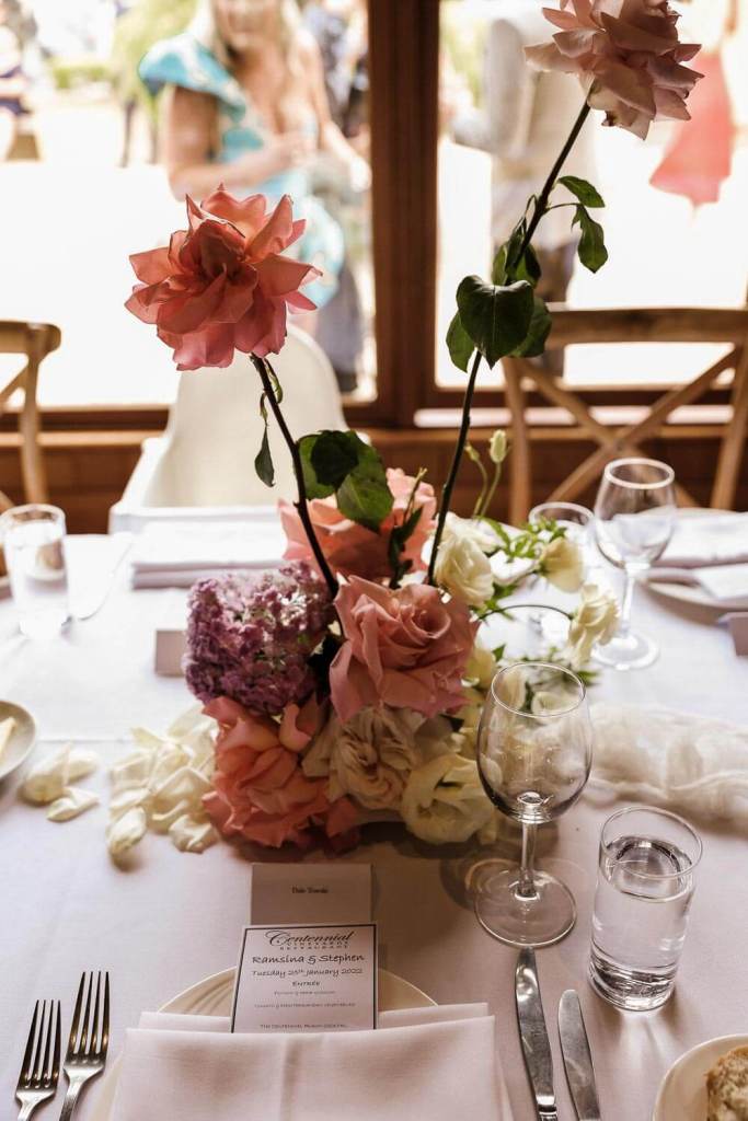 Floral arrangement on table by the Hunted Yard