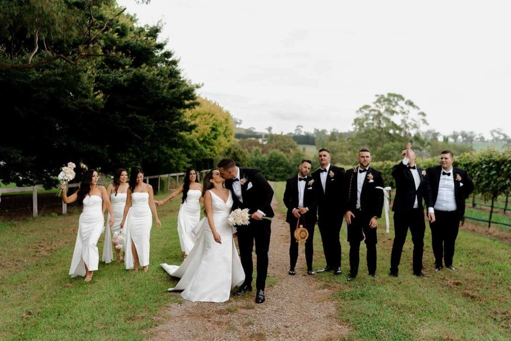 Bridal party dancing in Centennial Vineyards Bowral