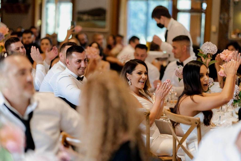 Bride and groom laughing