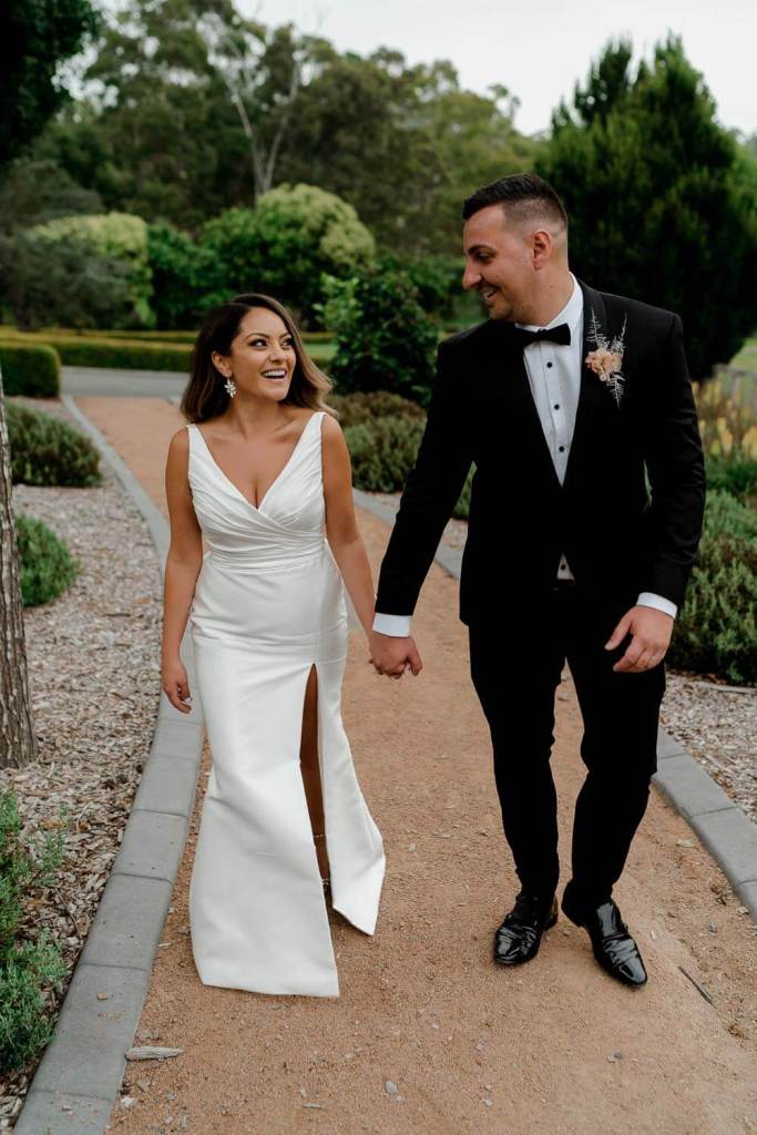 Bride and groom smiling