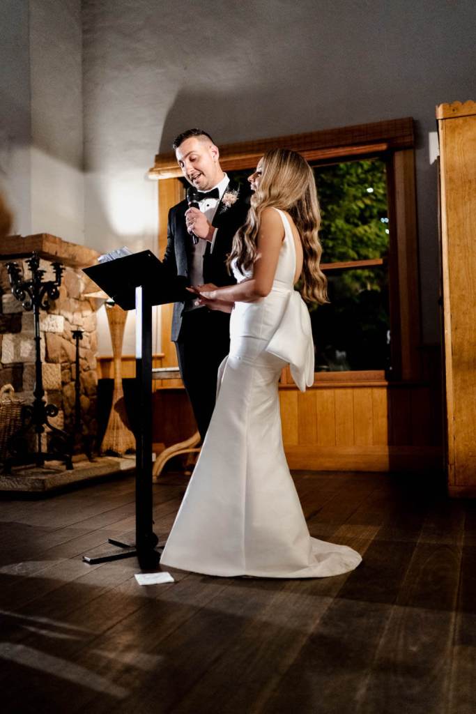 Bride and groom laughing