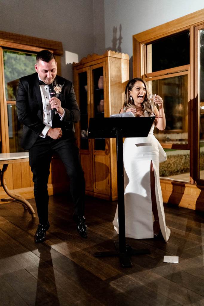 Bride and groom laughing